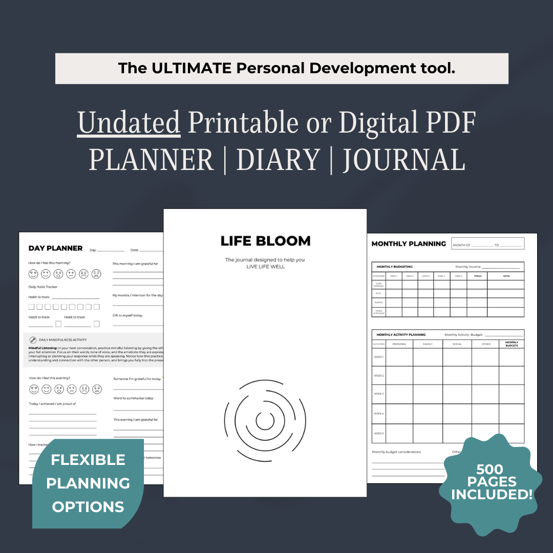 Undated printable or digital PDF planner, diary, and journal on a dark blue background with text overlay.