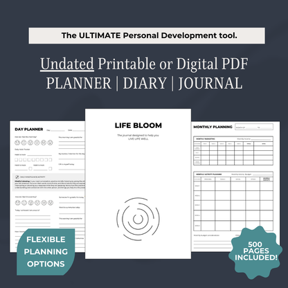 Undated printable or digital PDF planner, diary, and journal on a dark blue background with text overlay.
