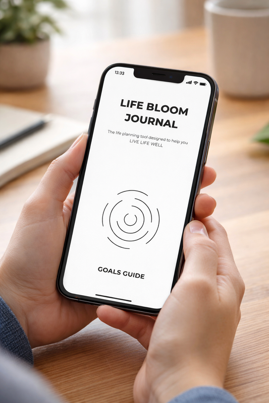 Life Bloom Journal wire-bound A5 life planner — front cover, minimalist black and white design
